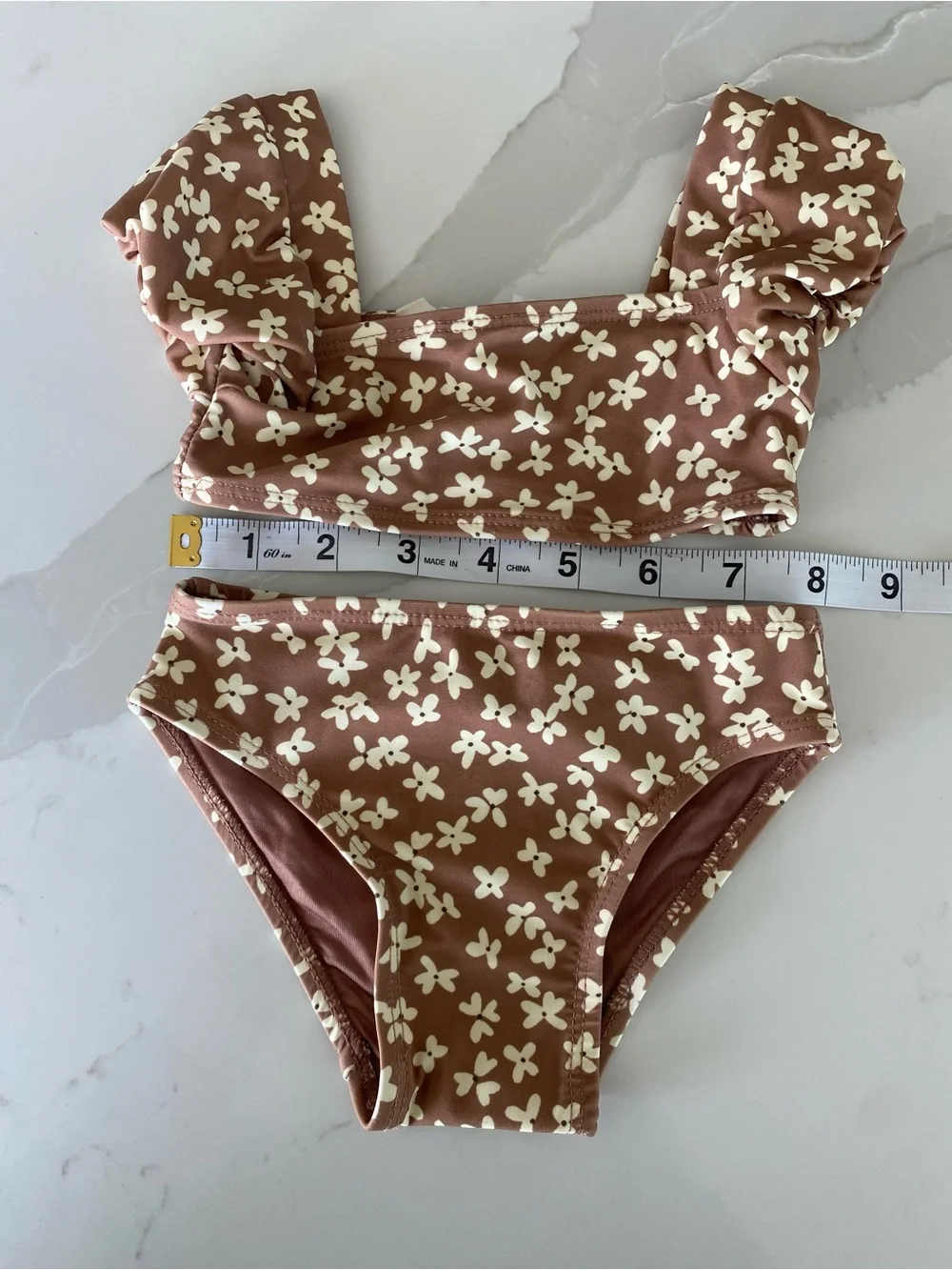 Quincy Mae zippy Brown summer bloom Floral puff sleeve Ruffle 2-Piece Swimsuit
